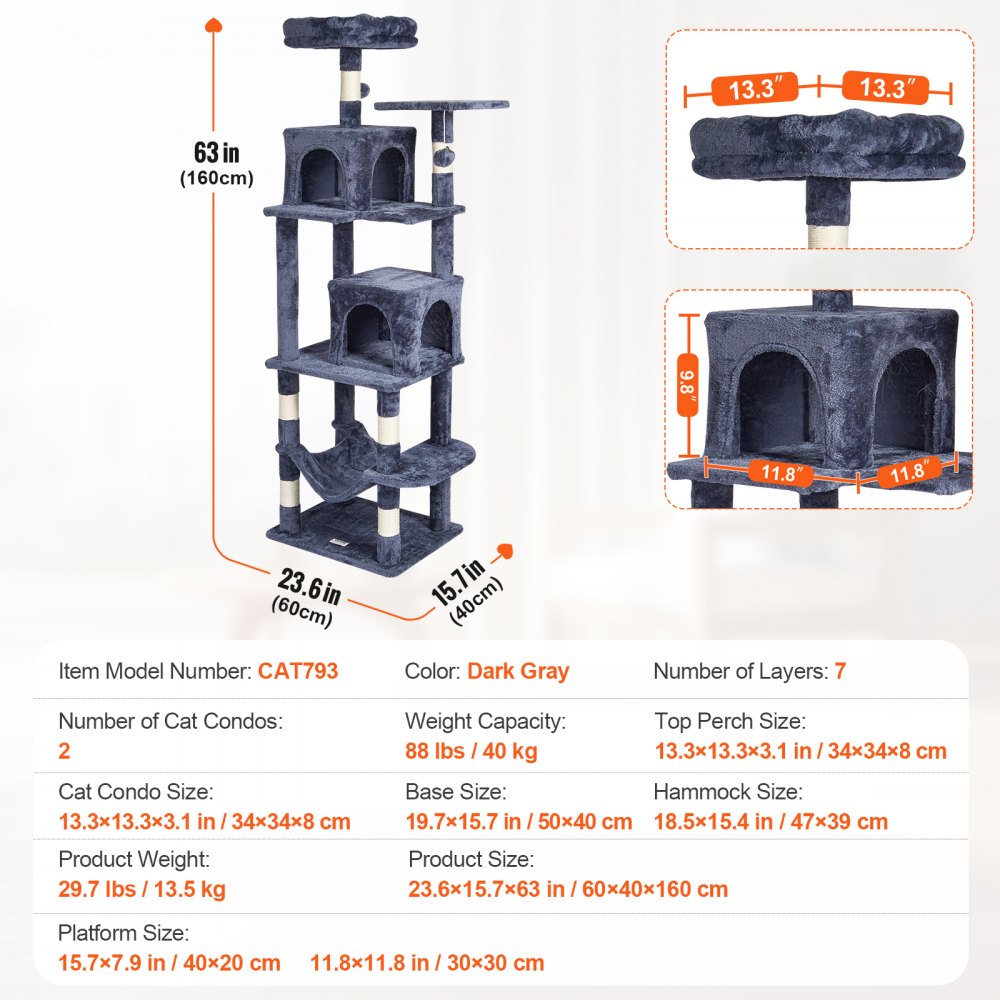 CAT793 - 63" Light Grey Cat Tower with 2 Condos and Scratching Posts