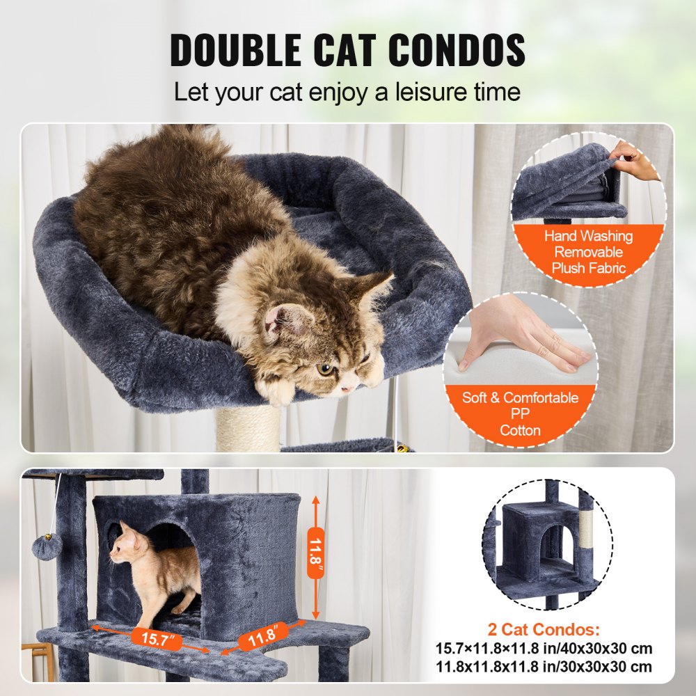 CAT794 - Multi-Level 68.5" Dark Grey Cat Tree with 2 Condos & Hammock