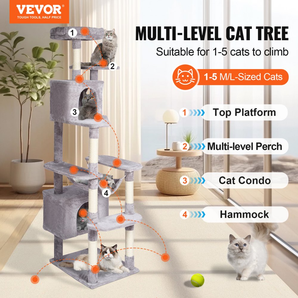 CAT795 - Multi-Level 72" Light Grey Cat Tree with 2 Condos & Scratching Posts