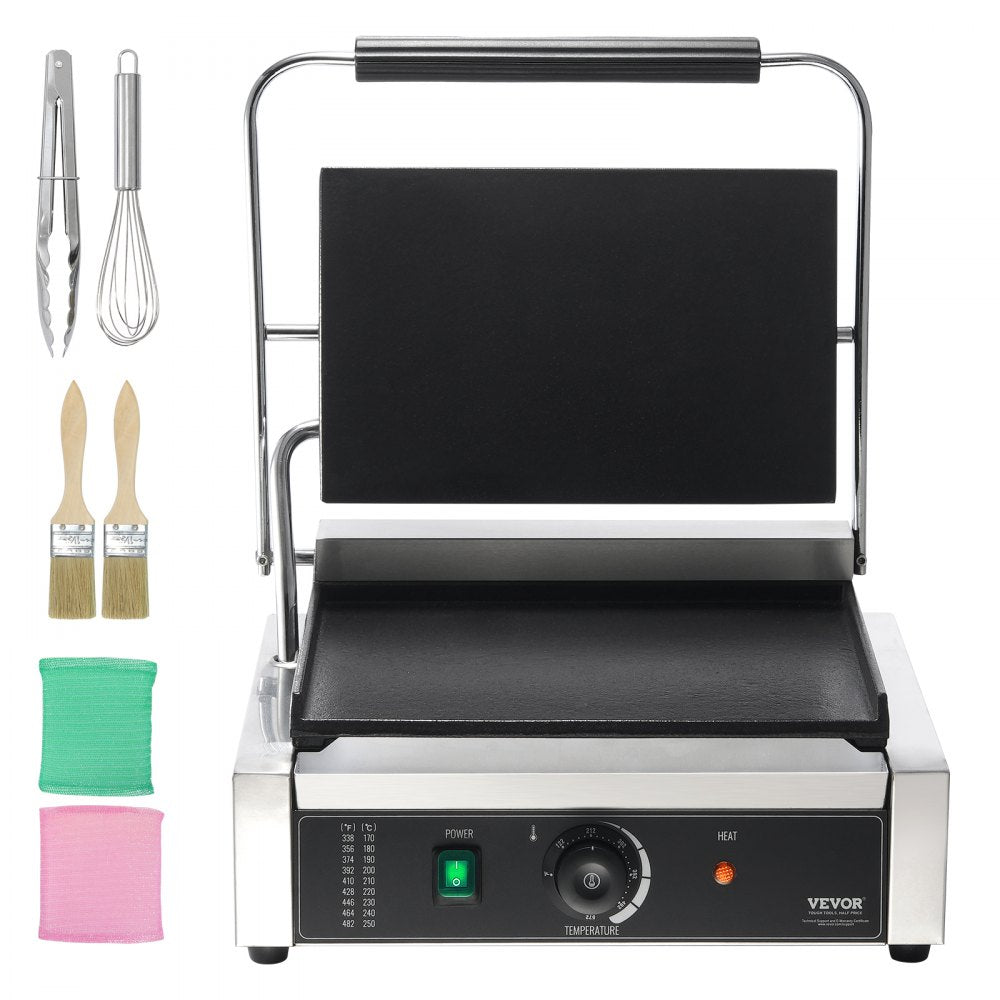 HT-812 - Durable 14"x9" Stainless Steel Panini Press with Temperature Control