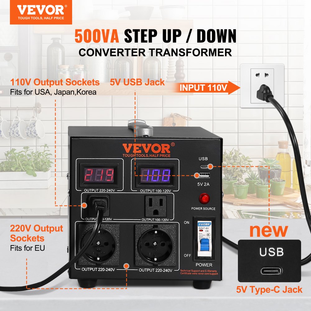 SV-500VA - 500W VEVOR Voltage Converter for 110/220V Appliances