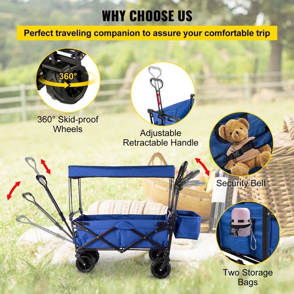 VV-CWC-BLUE - Large Collapsible Wagon with Canopy & All-Terrain Wheels