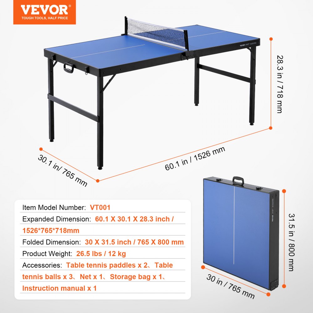 VT001 - 60" Folding Table Tennis Set for Family Fun