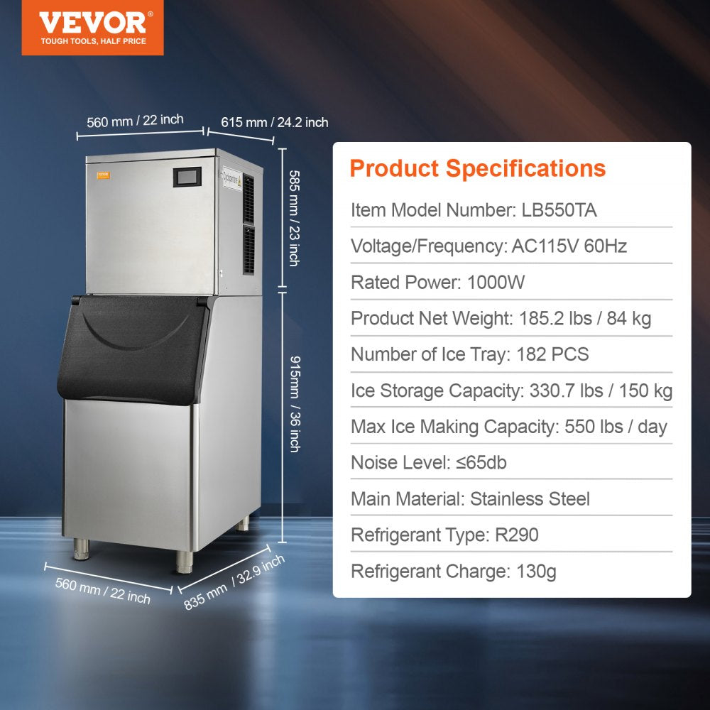 LB550TA - 1000W VEVOR Ice Maker, 500lbs Daily, Auto Self-Cleaning