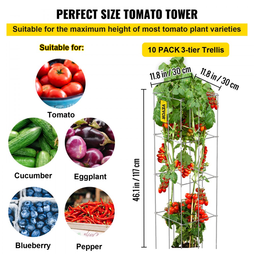 VV-KZDFQJ11.8X46YS10Z - 10-Pack 46" PVC-Coated Steel Tomato Cages for Climbing Plants