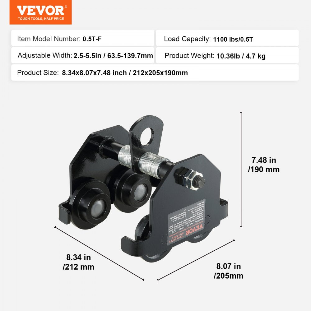 0.5T-F - Adjustable 1100 lbs VEVOR Manual Trolley for I-beams, 2.5-5.5" Width