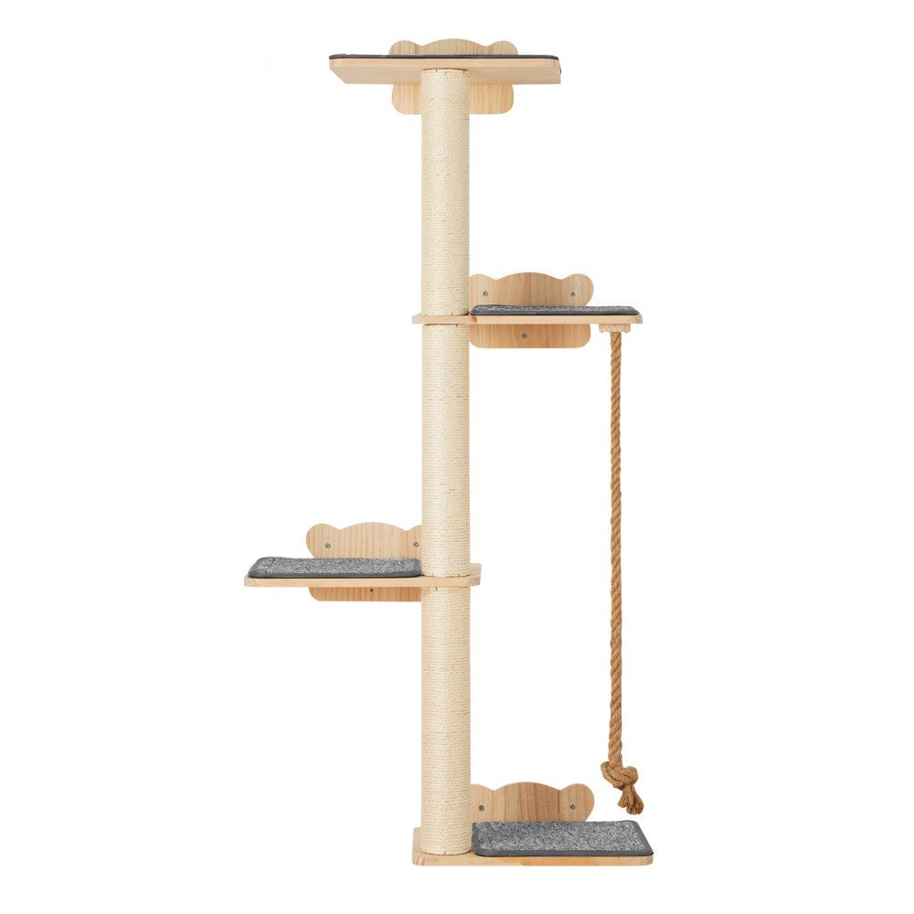 SSGQK-06 - Natural Pine Wall-Mounted Cat Shelf with 4 Boards and 3 Posts