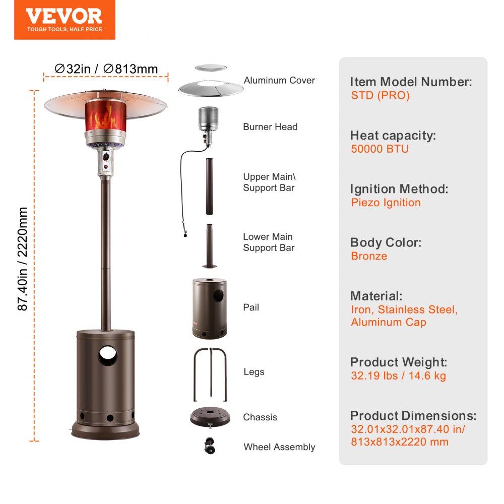 STD (PRO) - 50,000 BTU Stainless Steel Patio Heater with Flame Tube