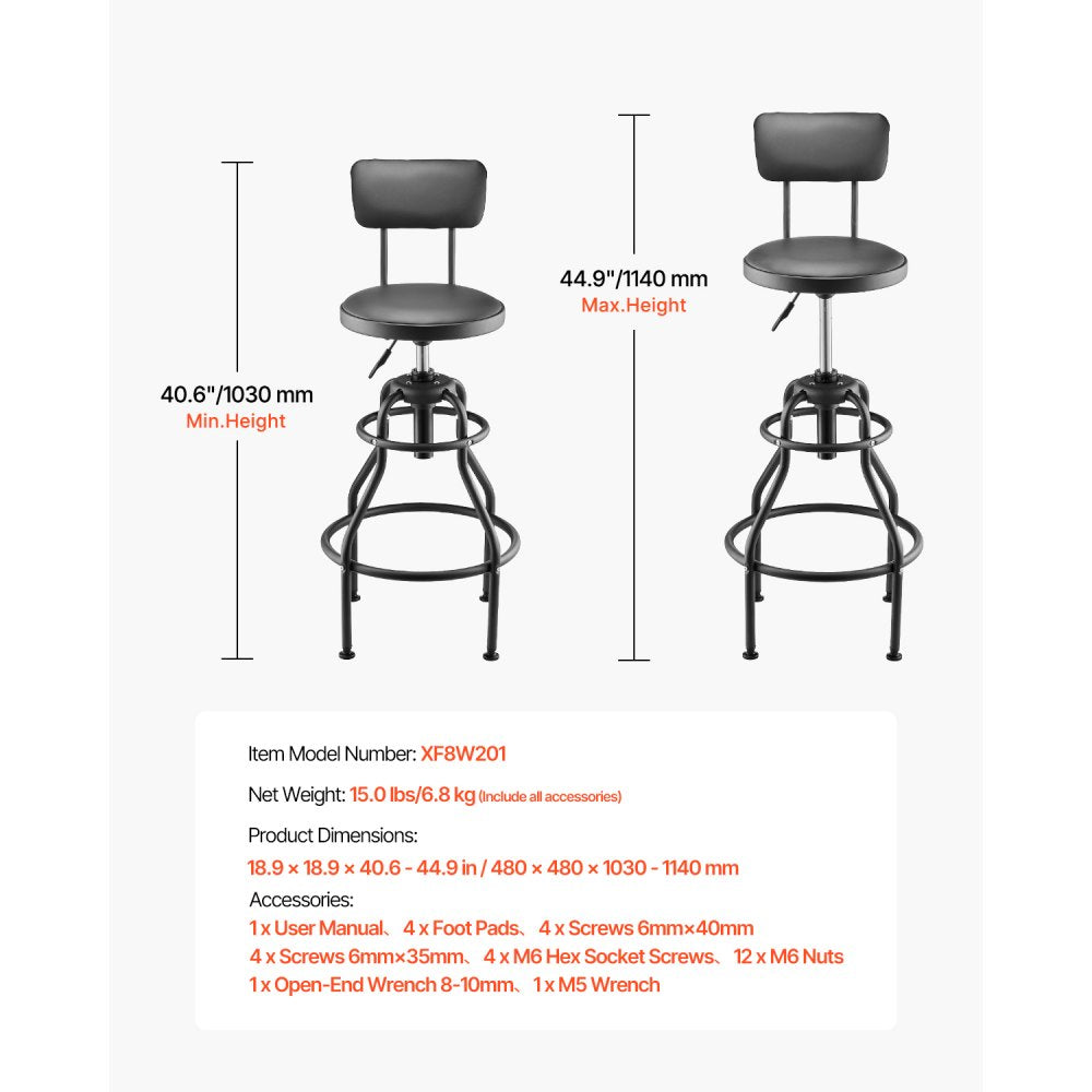 XF8W201 - Adjustable 40.6-44.9" Heavy-Duty Garage Stool with Backrest