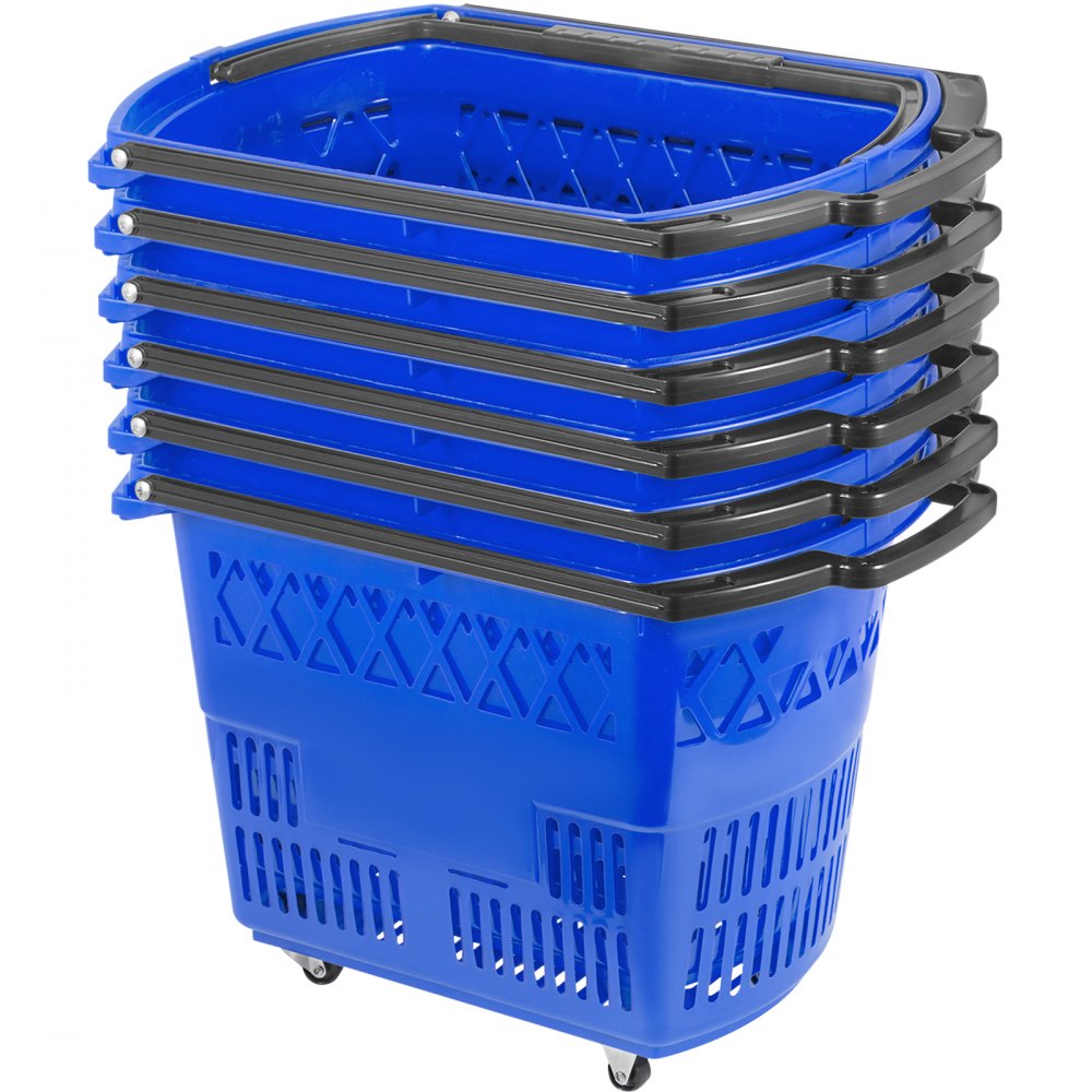 Blue Shopping Basket - 6PCS: 75 lbs Capacity, Rolling Handle Baskets