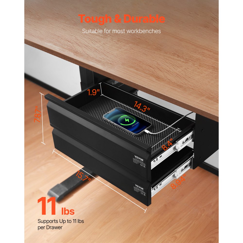 CT-5 - Under Desk Organizer with 2 Drawers, 11 lbs Capacity Each