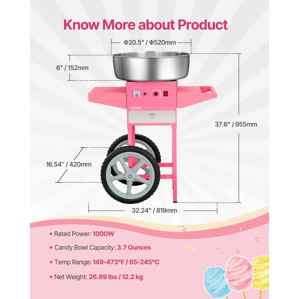 MHTJJPHCO1-S - 1000W Cotton Candy Machine with Cart and Candy Box