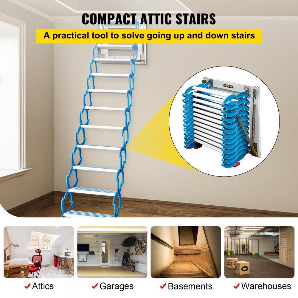 010351927960 - 12-Step Retractable Attic Stairs, 660 lbs Capacity, Space-Saving Design