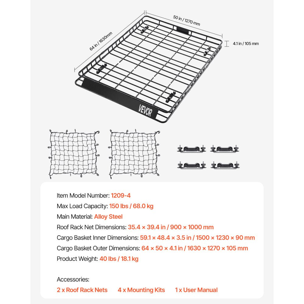 1209-4 - Durable 64x50 Roof Rack Cargo Carrier with Nets, 150 lbs Capacity