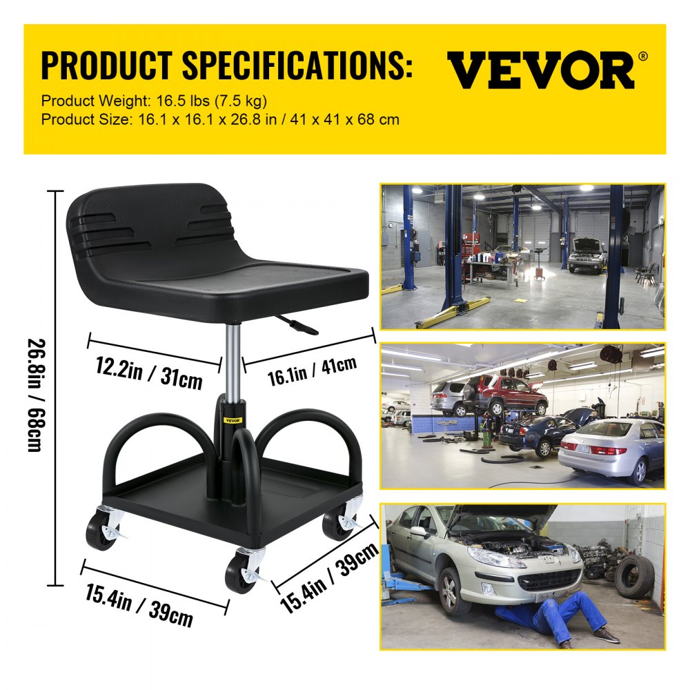 VVCCGLJH4L - Adjustable Rolling Garage Stool with Storage Tray, 300LBS Capacity