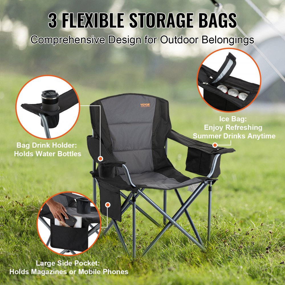 ZM2006XL - Heavy Duty 350 lbs Portable Folding Chair with Side Pockets