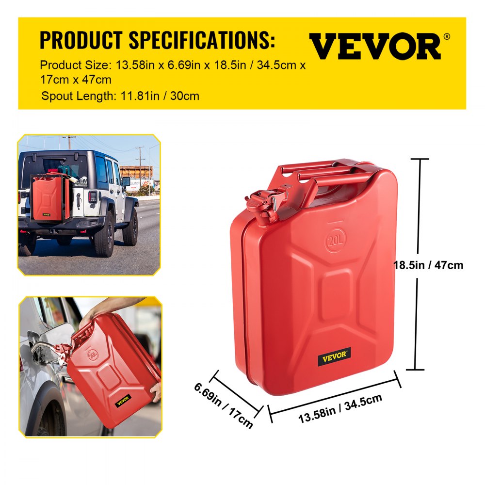 1X20LRED - 5.3 Gallon VEVOR Steel Jerry Fuel Can with Flexible Spout