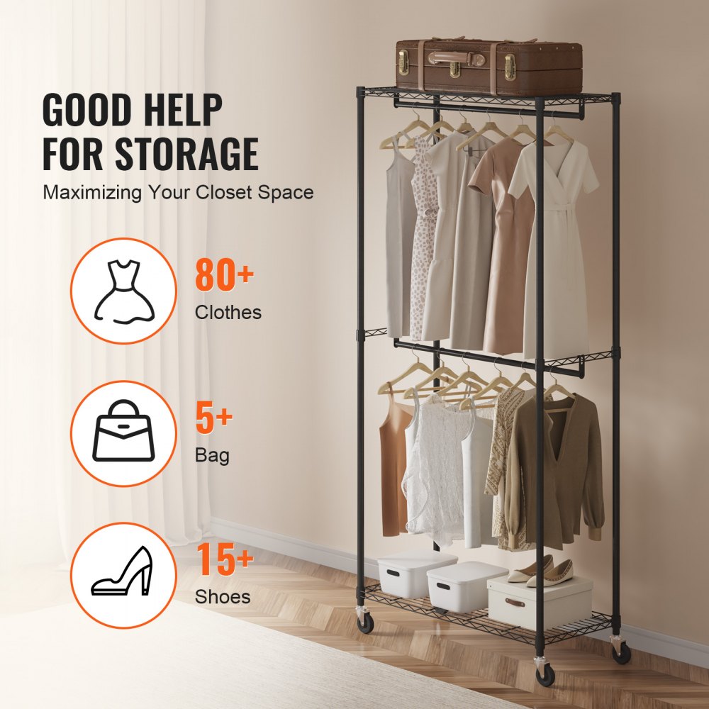 YC0001 - Heavy Duty 300 lbs Clothes Rack with Double Rods & Storage Tiers