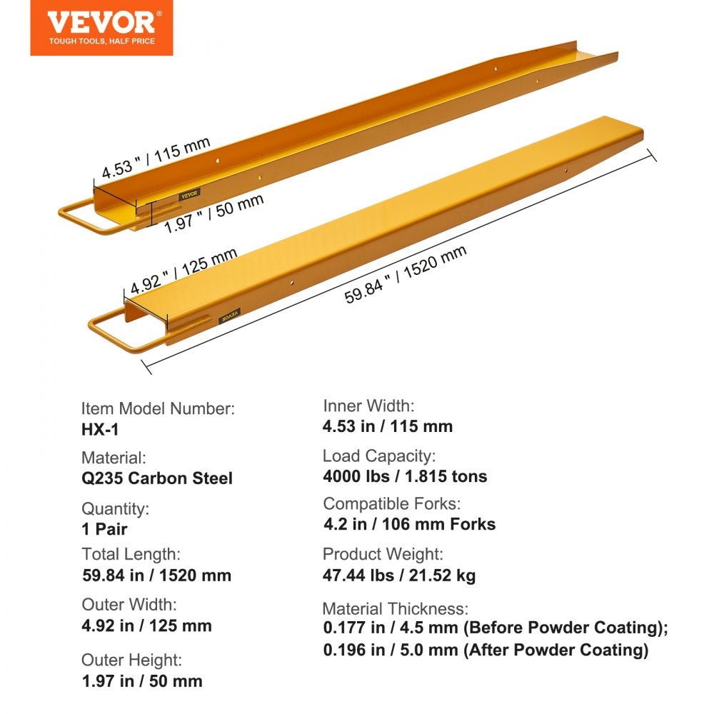HX-1 - Heavy-Duty 59.84" Steel Fork Extensions for 4.2" Wide Forks