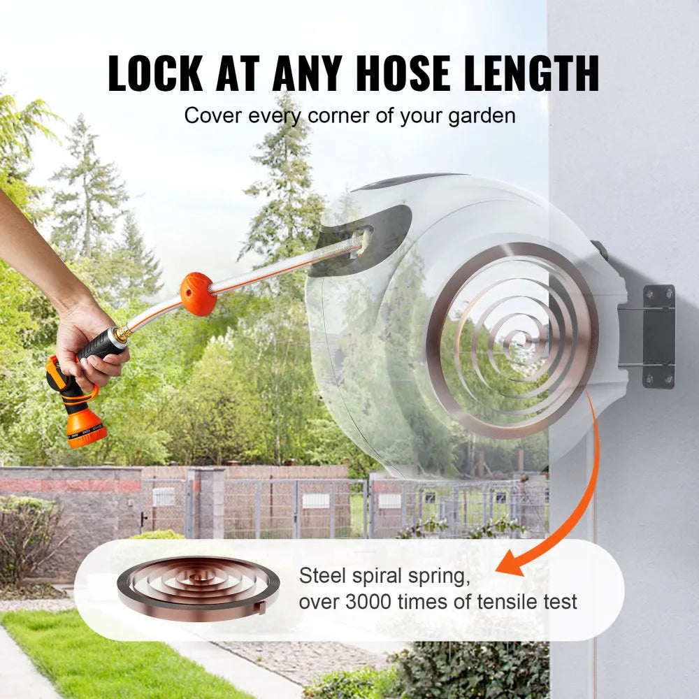 010108687040 - VEVOR 100' Retractable Hose Reel with 9 Spray Patterns