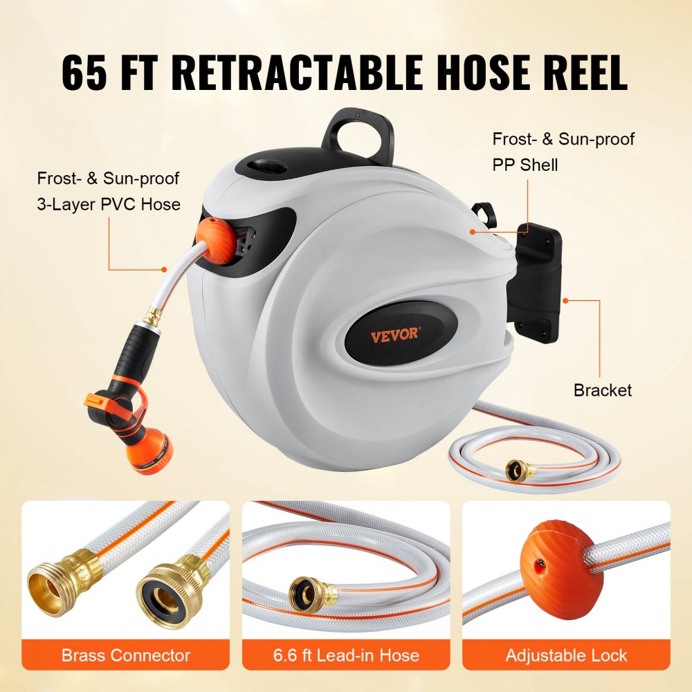010165222228 - 65ft Wall-Mounted Retractable Hose Reel with 180° Swivel