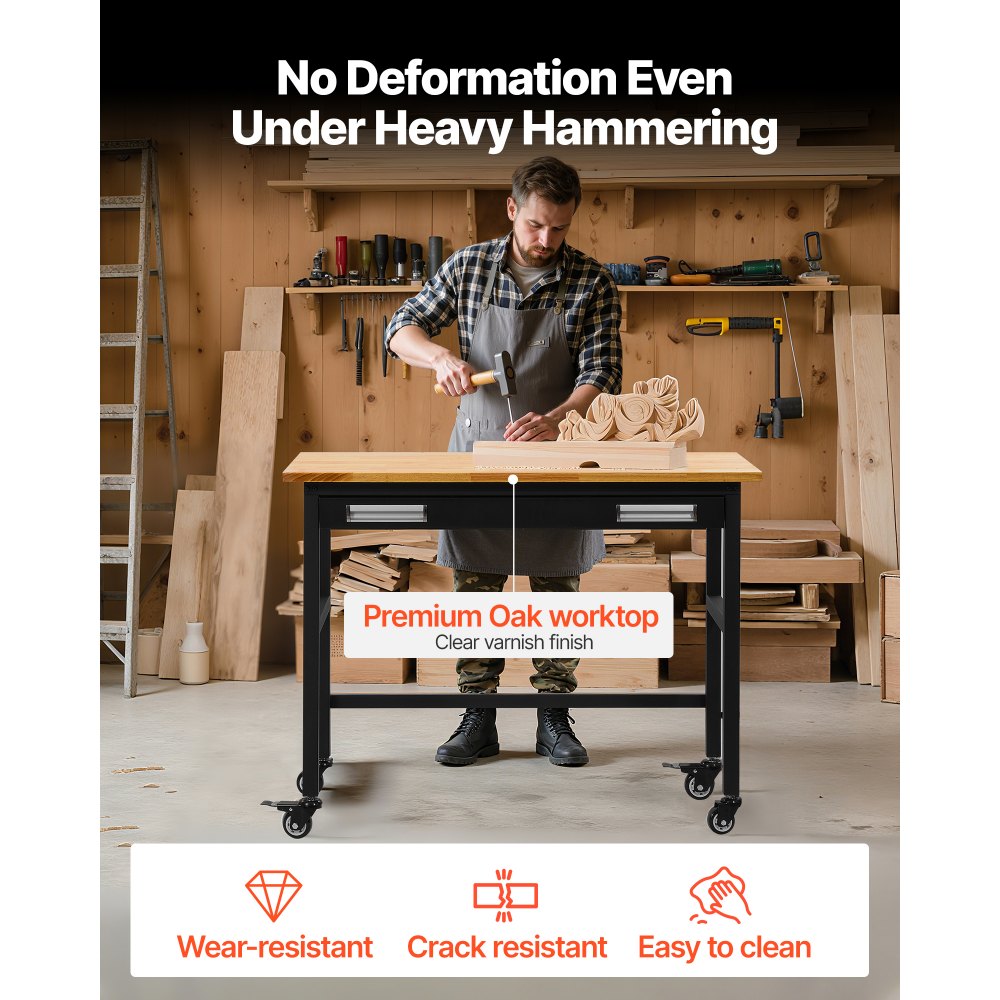 WTD48 - 48"x24" Solid Wood Workbench on Wheels, Supports 1500 lbs