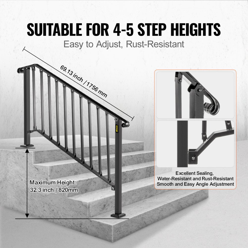 Picket#4 - Durable Wrought Iron Handrail for 4-5 Steps, Rustproof Design