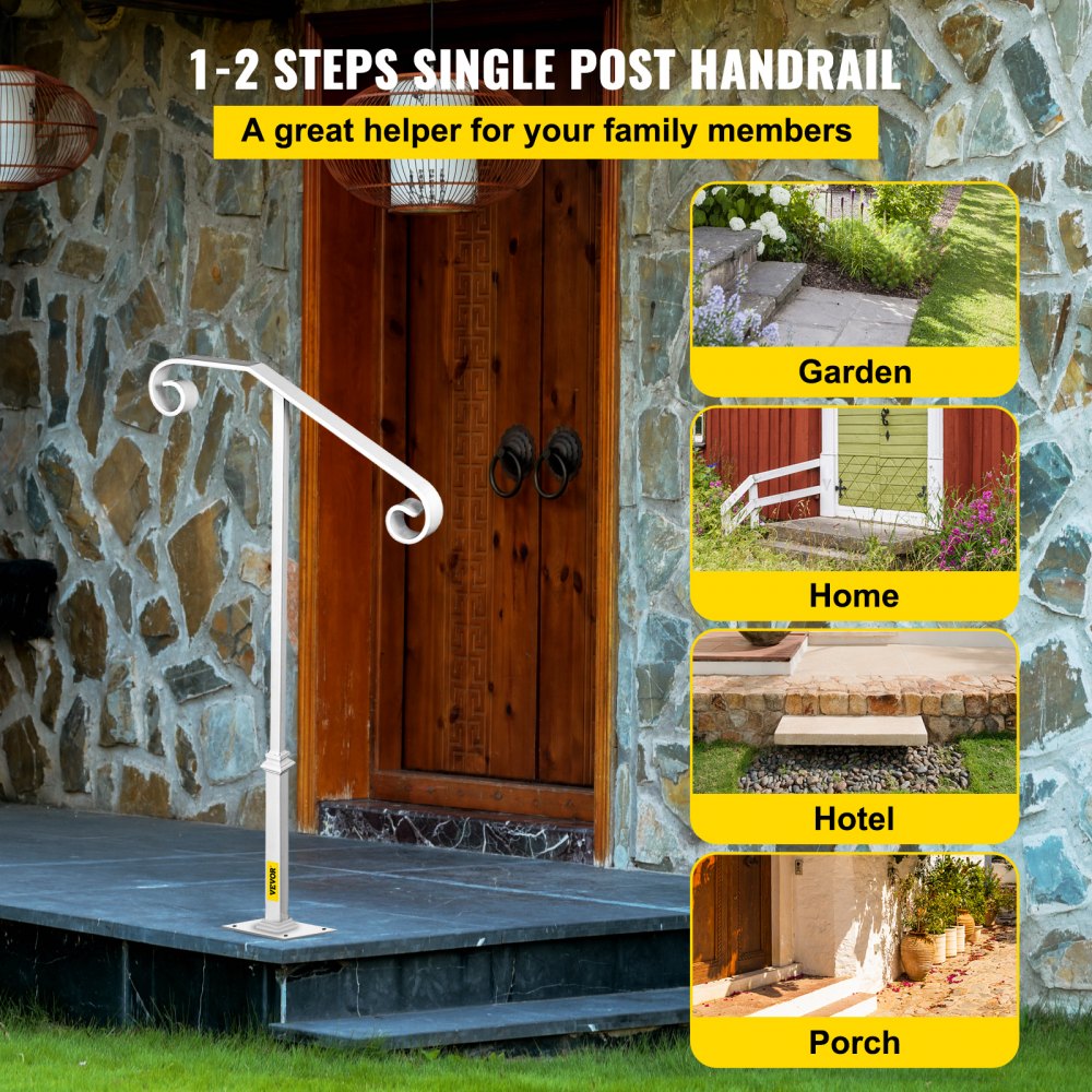 010873414291 - Stylish Wrought Iron Single Post Handrail for 1-2 Steps