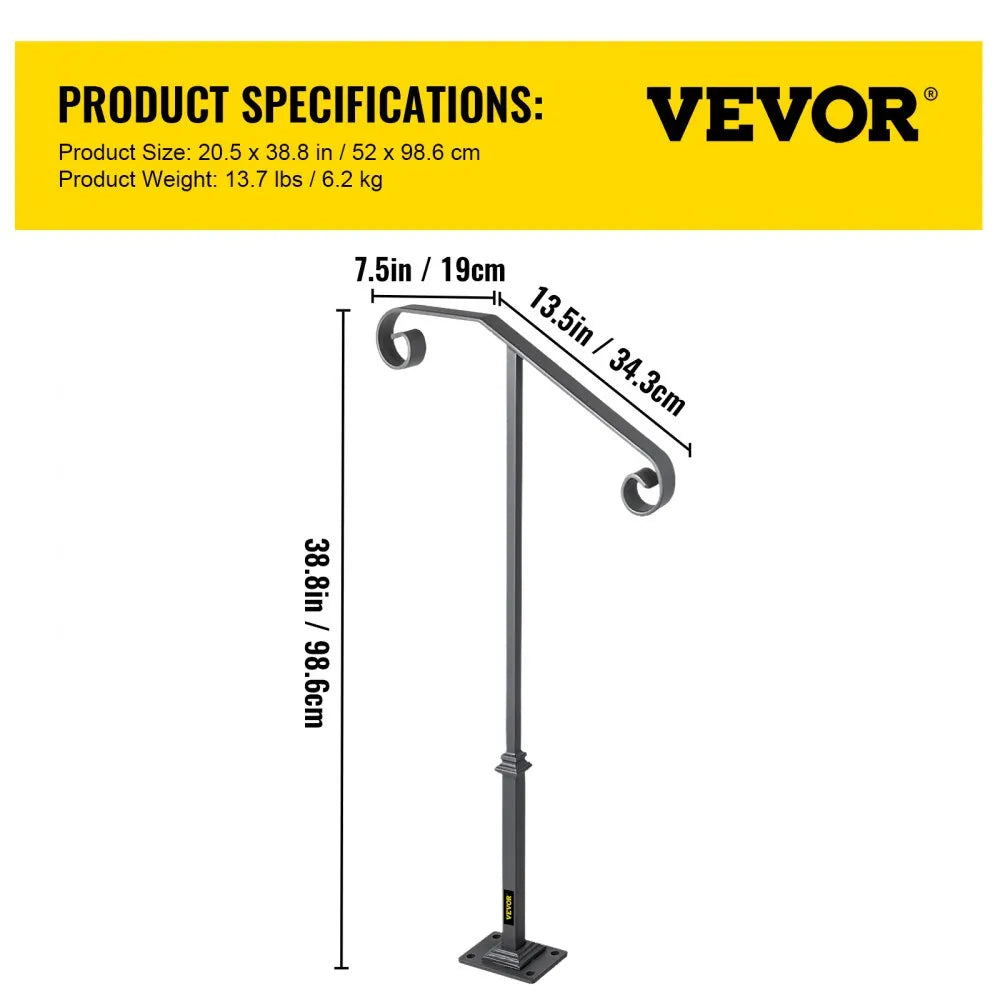 010505883143 - Wrought Iron Handrail for 1-2 Steps, Rustproof Design