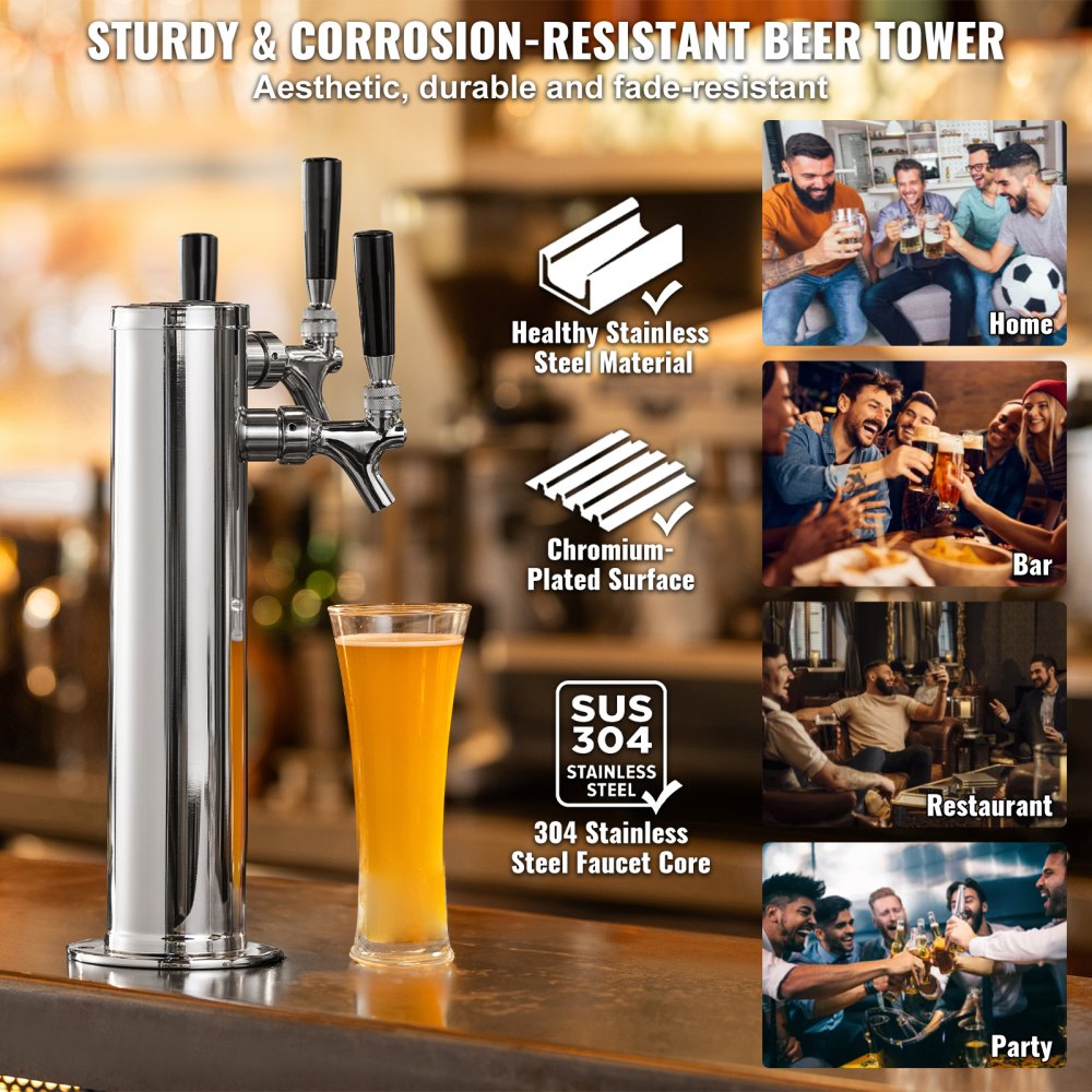 3TJZ - VEVOR Stainless Steel Triple Tap Draft Beer Dispenser for Home & Commercial Use