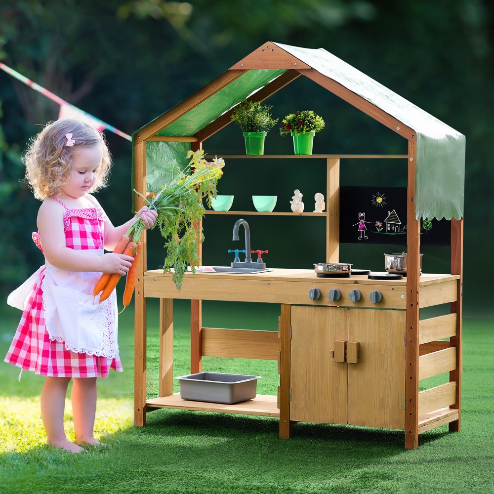 AC8284 - Outdoor Wooden Toy Kitchen with Canopy & 8 Accessories