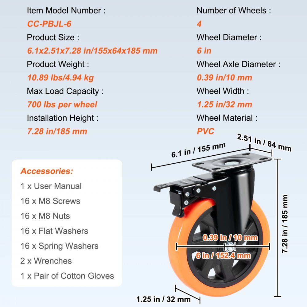 CC-PBJL-6 - 6-Inch PVC Caster Wheel Set, 700 lbs Capacity, Smooth Rolling