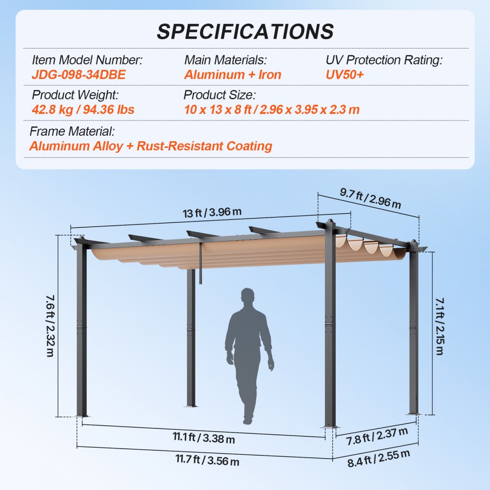 JDG-098-34DBE - 10'x13' Aluminum Retractable Pergola with UV50+ Canopy