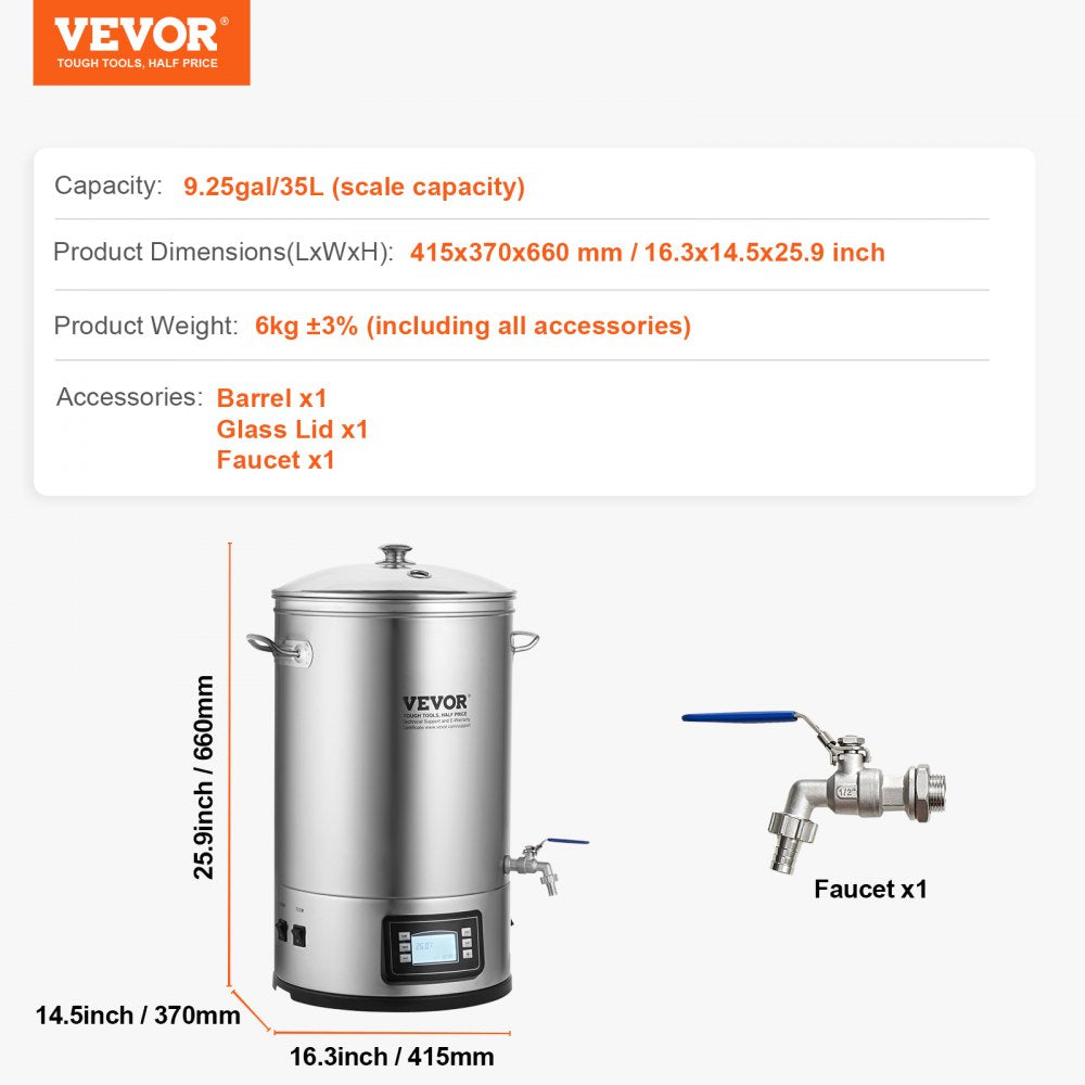 010579611984 - 8-Gallon Stainless Steel Electric Brewing System with Control Panel