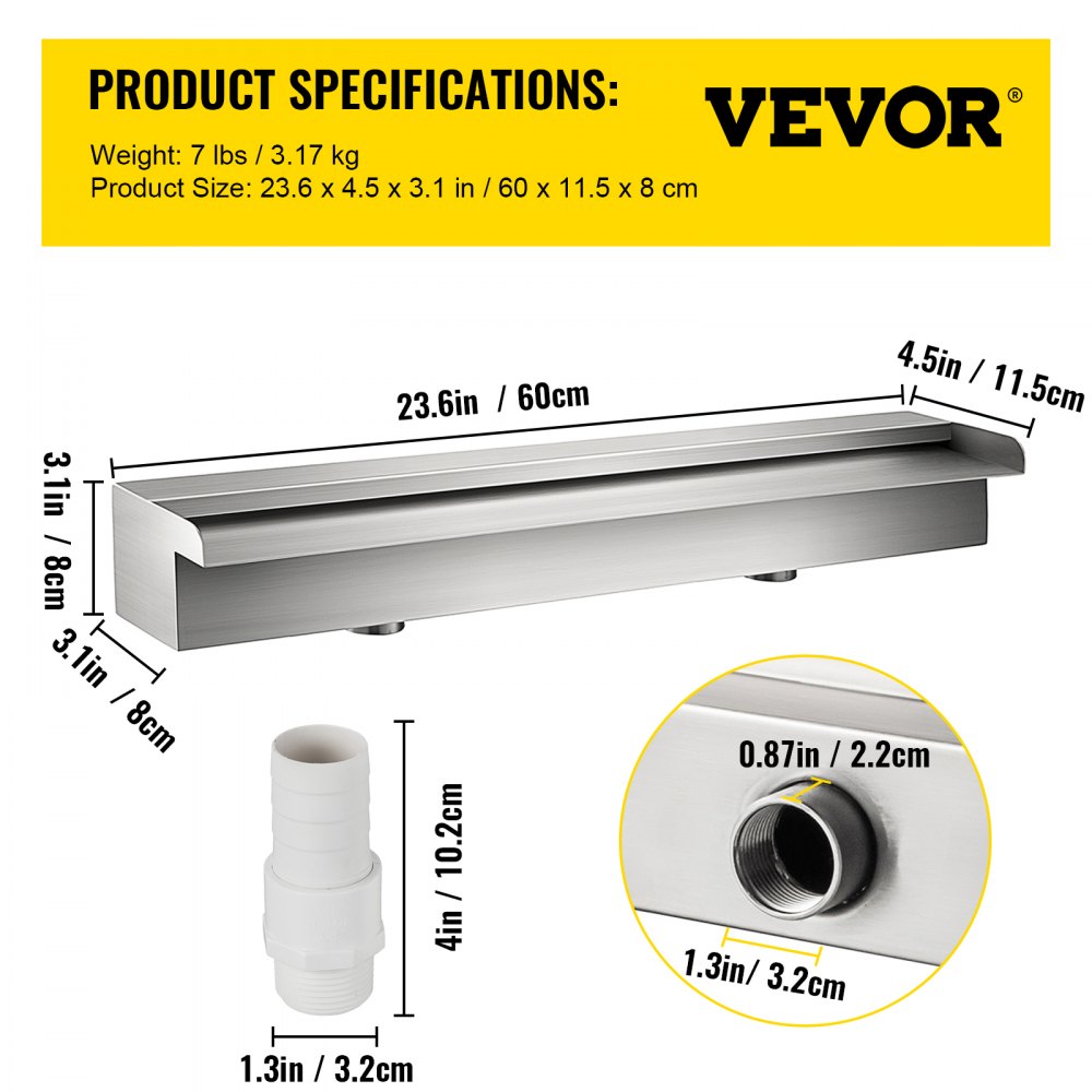 PQSB-8827 - 23.6" Stainless Steel Waterfall Spillway for Elegant Garden Decor