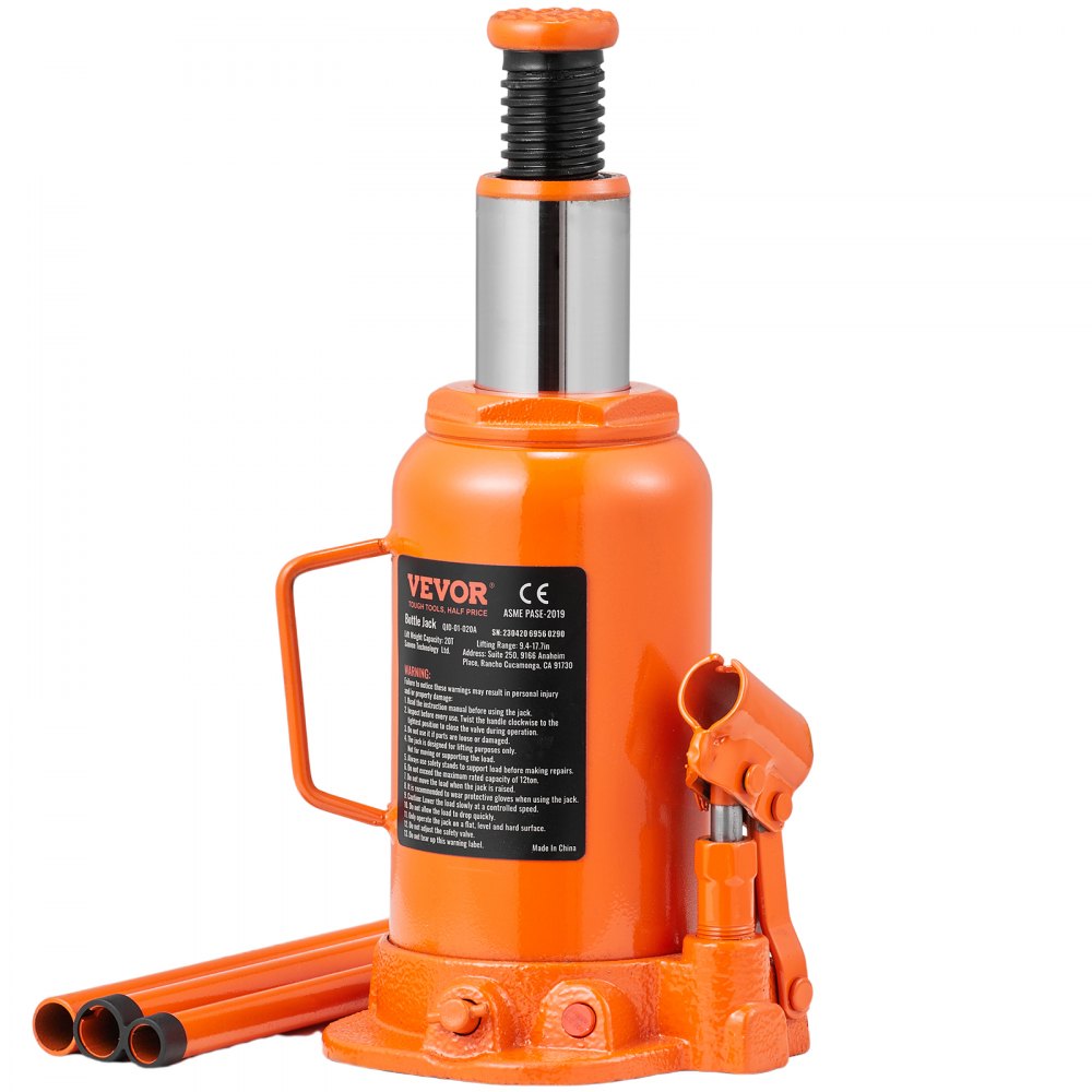 QJD-01-020A - 20 Ton Hydraulic Bottle Jack, Lifting Range 9.4-17.7 Inches