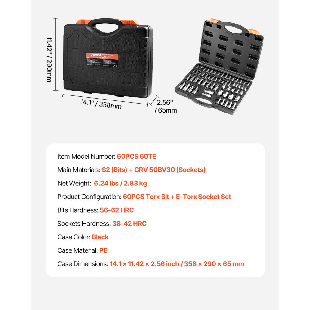 60PCS 60TE - 60-Piece Torx Bit & Socket Set With Durable S2 Steel