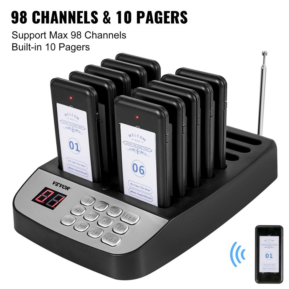 F100 - 10-Pager Wireless Calling System with 98 Channels for Restaurants