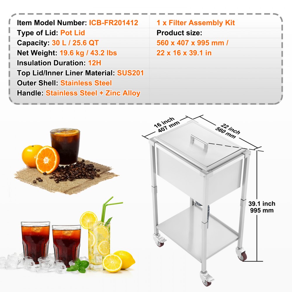 ICB-FR201412 - Stainless Steel Rolling Ice Chest with 12-hour Insulation