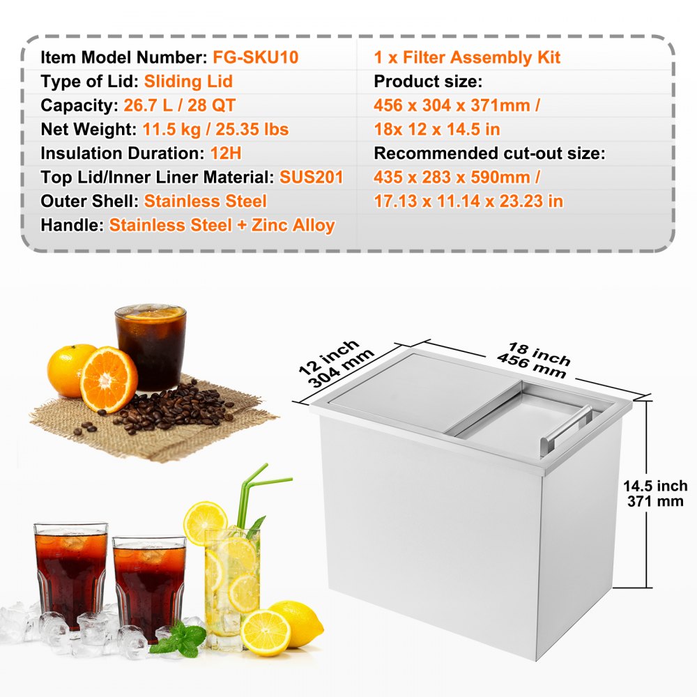 ICB-S181214 - 28.5 Quart Stainless Steel Ice Bin with 12+ Hours Insulation