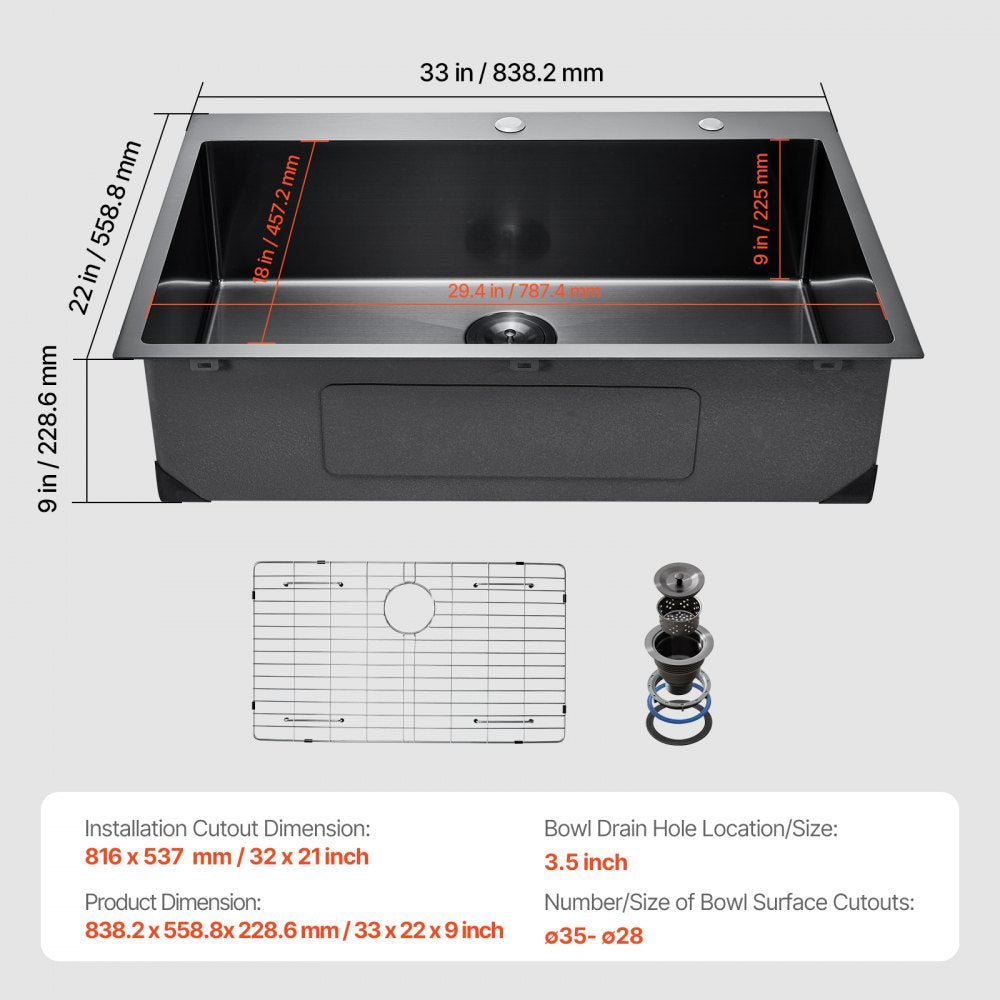 T332209RB0 - 33" Stainless Steel Drop-In Sink with Noise Dampening Pads