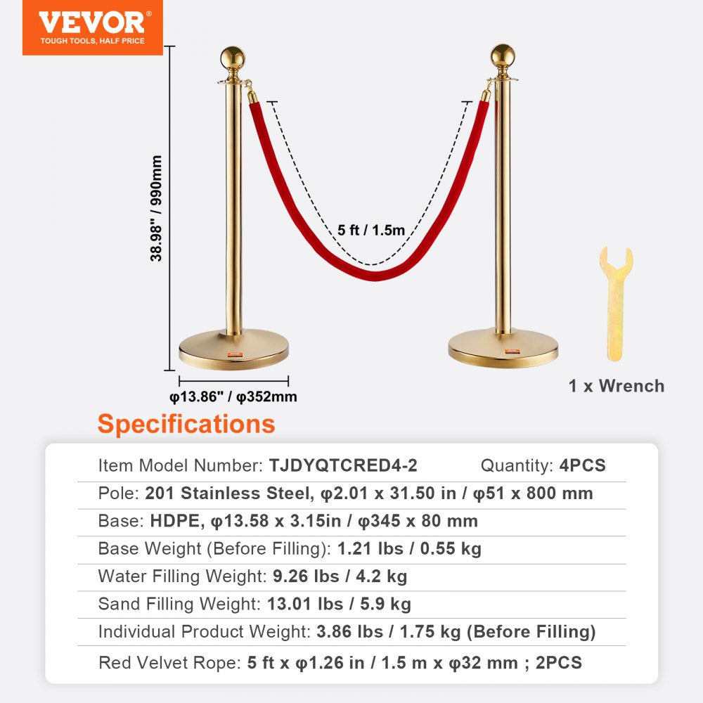TJDYQTCRED4-2 - 31.5" Stainless Steel Stanchion Post with Red Velvet Rope