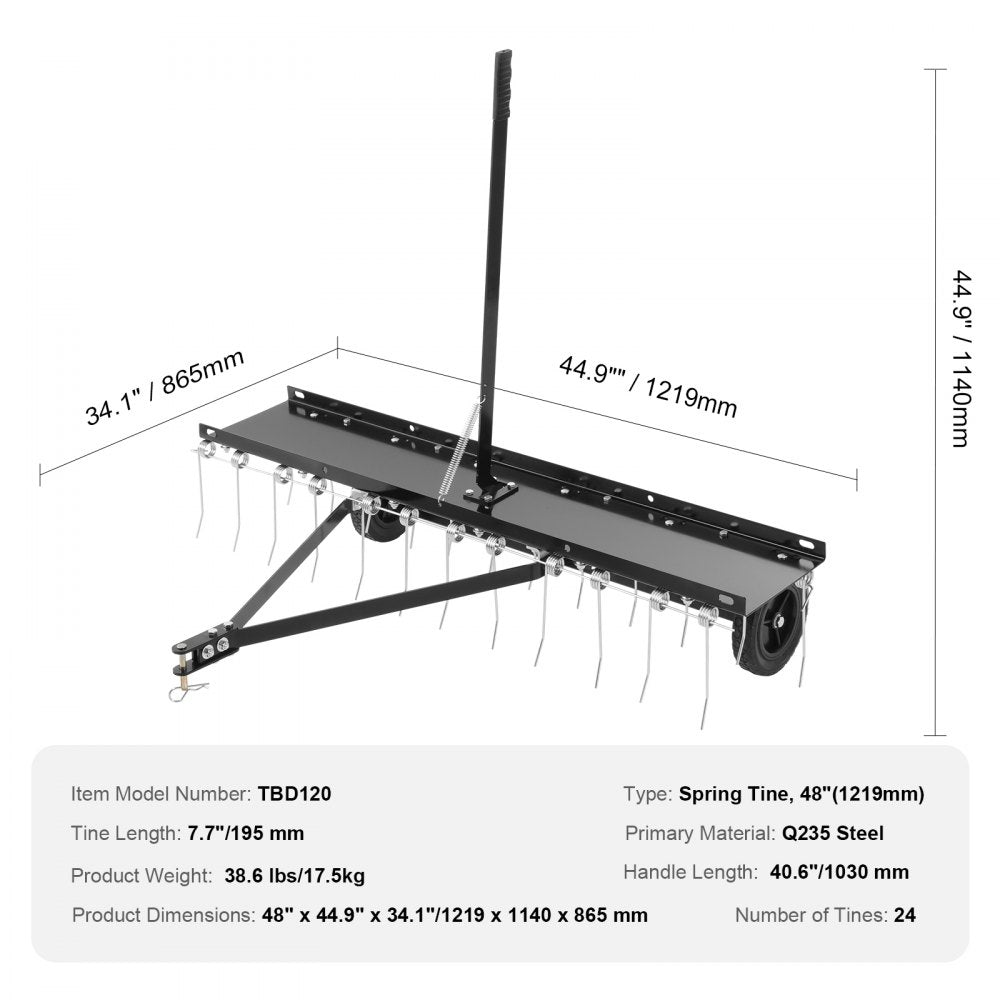 TBD120 - 48" Lawn Dethatcher with Adjustable Tines and Durable Steel Build
