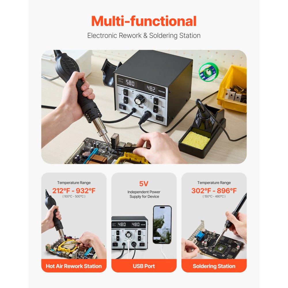 AM877D+ - 820W Dual Hot Air and Soldering Station with USB Charging