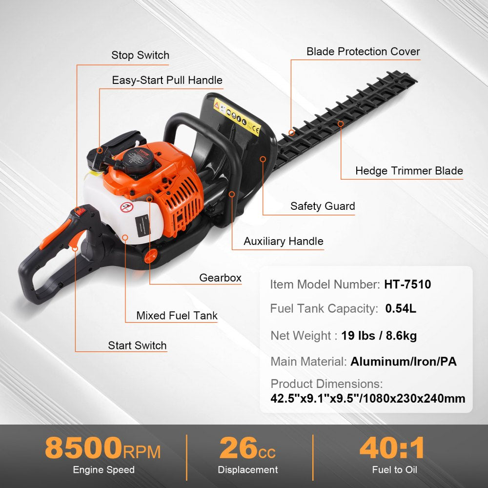 HT-7510 - 23.2" Gas Hedge Trimmer with 2-Stroke Engine & Protective Gear