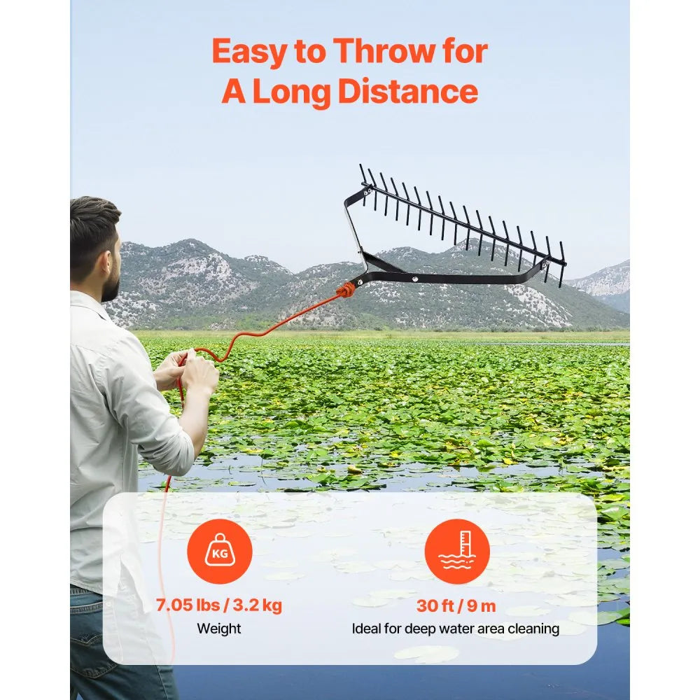 7849 - 32"x6.3" Heavy-Duty Aquatic Weed Rake with 30ft Rope