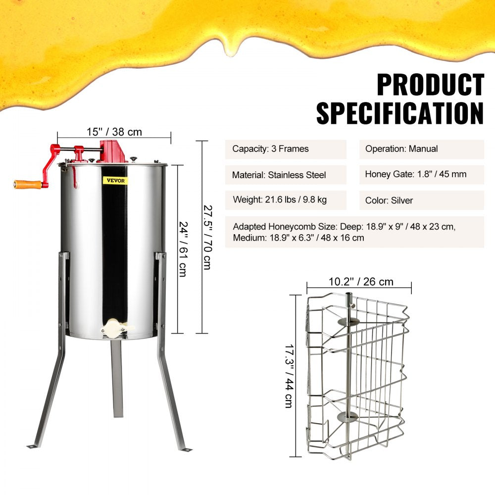 SD-3 - Compact Stainless Steel Manual Honey Extractor for 3 Frames