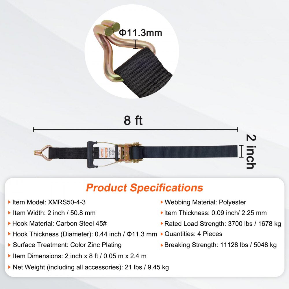 XMRS50-4-3 - Heavy-Duty 2" x 8' Polyester Tie Down Straps (4-Pack)