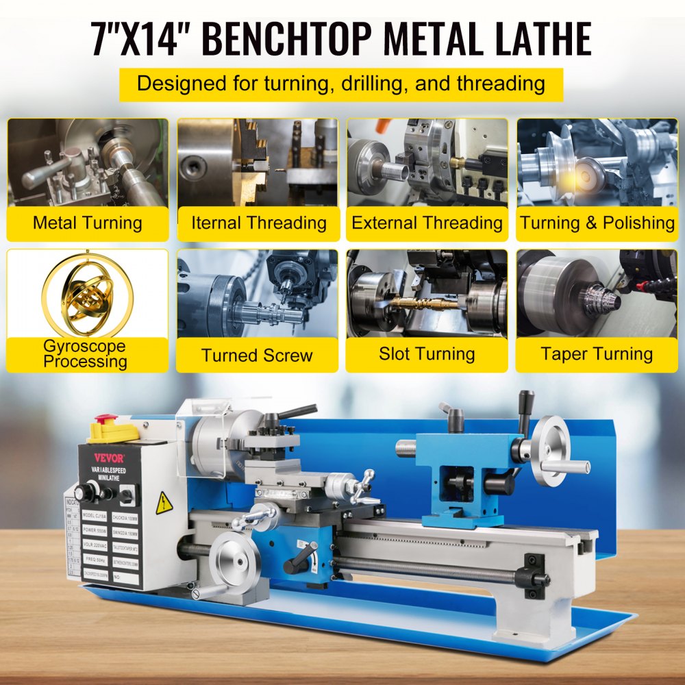 010631700507 - Compact 7"x14" Wood Lathe with 550W Motor & LED Light