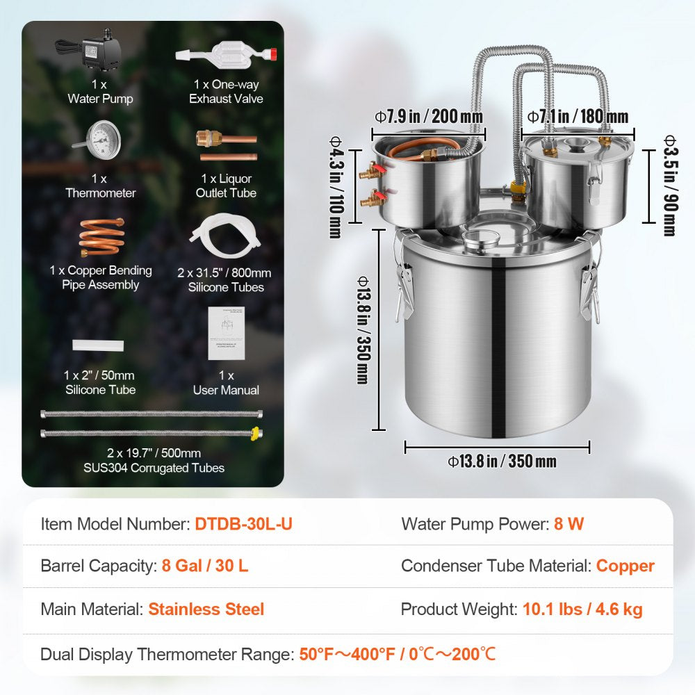 DTDB-30L-U - 8Gal Stainless Steel Distillation Kit with Thumper & Cooling Pot